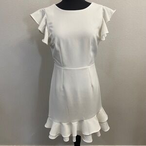 TCEC Women Small White Mini Dress Ruffle Flutter Sleeve V-Back Tiered